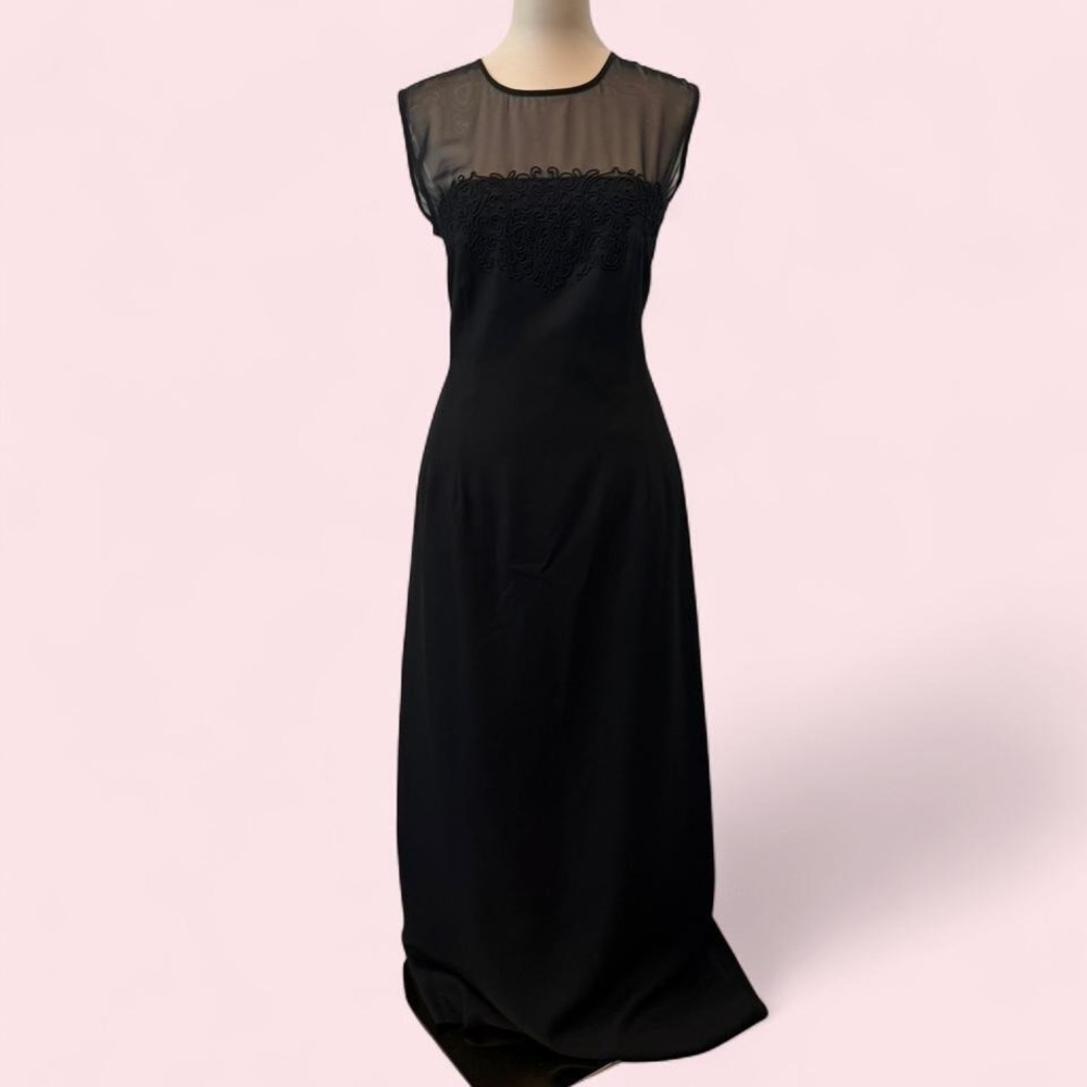 Vintage 90s Plaza South Black Sheer Mesh Maxi Dress Soutache Lace Detail  14